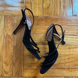 VTG Y2K Alaia Black Suede Asymmetrical Strappy Heels Sz 37.5 US 6.5-7